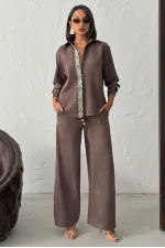 Topshow Şerit Detaylı Scuba Süet Pantolon - Taş | F1972