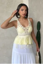 Güpür Detaylı Askılı Toptan Bluz   Sarı | Topshow