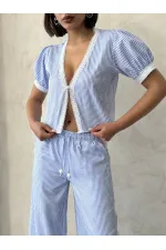 Güpür Detaylı Çizğili Bluz - Mavi | Topshow