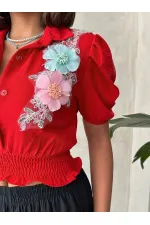 Chemise en lin rouge à fleurs Topshow en gros