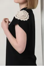 Topshow Siyah Omuzu Dantelli Toptan T-Shirt