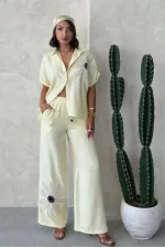 Çiçek Detaylı Pantolon - Sarı | Topshow