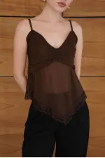 Askılı Dantel Detaylı Tül Toptan Bluz - Kahve | D2979 - Topshow