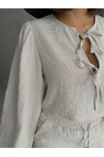 Glitter Striped Front Tie Wholesale Blouse - Stone Silver | TOPSHOW | F1804