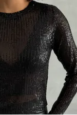 Chemisier à manches longues orné de sequins scintillants Topshow pour femme - Noir | F1866