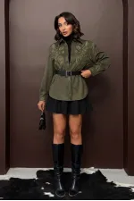 Topshow Nakışlı Scuba Süet Gömlek - Haki | F2024