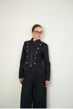 Mandarin Collar Zip-Up Jacket with Epaulets - Navy Blue | F2084 - Topshow