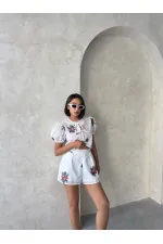 Nakışlı Vual Şort - Krem - D2882 | Topshow