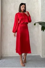 Kraşlı Saten Toptan Etek - Kırmızı | Topshow | F1915