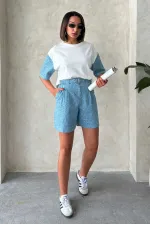 Pullu Kot Şort - Mavi | Topshow