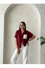 Aplike Cepli Keten Toptan Gömlek - Bordo | Topshow