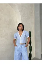 Güpür Detaylı Çizğili Bluz - Mavi | Topshow