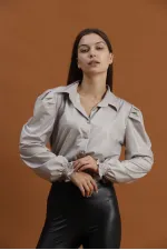 Faux Leather Evening Dress Wholesale Blouse - Stone | TOPSHOW | F1170