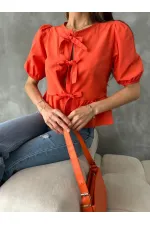 Topshow Orange Front Tie Poplin Wholesale Blouse