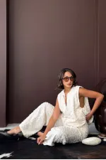 Topshow - Wholesale Jacquard Woven Trousers - Cream