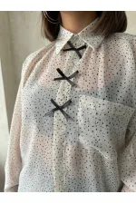 Chemise en mousseline à pois avec nœud décoratif - Gris pierre | TOPSHOW | F1881