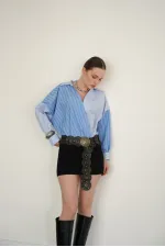 Chemises en gros avec broderies croisées de l'encolure à l'ourlet - Bleu | F2094 - Topshow