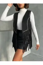 Topshow Siyah Püsküllü Droplu Toptan Yelek | F1806