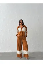 Dantel Detaylı Geniş Paça Kadın Pantolon - Taba | Topshow | F1958