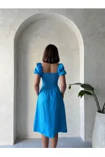 Gipeli Kayık Yaka Keten Elbise - Koyu Mavi | Topshow