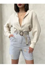 Kemer Detaylı Nakışlı Keten Şort - Gri | Topshow