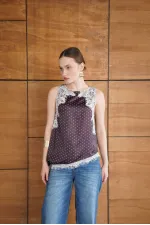 Lace Detail Polka Dot Satin T-Shirt - Coffee | D2961 - Topshow