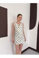 Puantiye Baskılı Elbise - Krem Siyah | D3024 Topshow