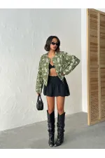 Çiçek Nakışlı Fermuarlı Ceket - Haki | Topshow | F1948