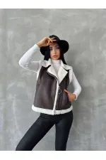 Vente en gros de gilets en daim et fourrure - Anthracite crème | TOPSHOW | F1532