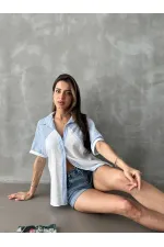 Topshow Blue Stripe Detailed Low Sleeve Wholesale Shirt