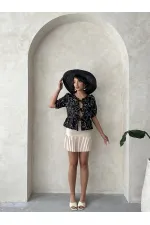 Önden Bağlamalı Nakışlı Toptan Bluz - Siyah | Topshow