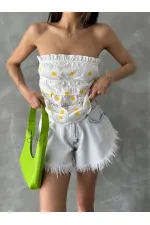 Daisy Patterned Wholesale Bustier - Cream | TOPSHOW