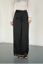 Pantalon en satin noir à ourlet en dentelle (vente en gros) | D2969 - Topshow