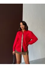 Topshow Striped Detail Scuba Suede Wholesale Shirt - Red | F1973