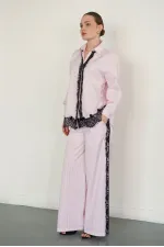 Lace Detail Striped Wholesale Trousers - Pink | F2083 - Topshow