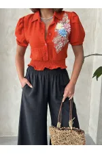 Topshow Orange Floral Chest Linen Wholesale Shirt