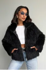Veste en fausse fourrure pour femme – Manteau d'hiver moderne, zippé, doux et texturé – NOIR
