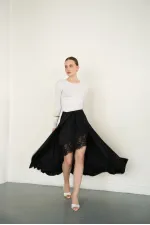 Dantel Detaylı Saten Toptan Etek - Siyah | D2976 - Topshow