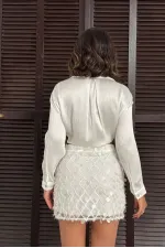 Topshow Pul Detaylı Abiye Mini Etek - Krem | F2011