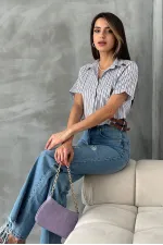 Topshow Mixed Belt Detailed Striped Wholesale Shirt