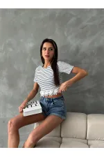 Topshow Cream Guipure Detailed Striped Wholesale T-Shirt