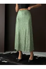 Topshow Haki Payetli Uzun Etek - Yüksek Bel, Şık Gece Elbisesi Kombini