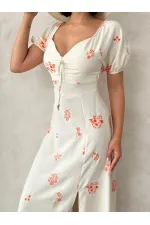 Nakışlı Keten Toptan Elbise - Oranj | Topshow