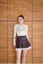 Jupe en satin à pois avec détails en dentelle - Marron | D2962 - Topshow