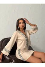 Topshow Şerit Detaylı Scuba Süet Etek - Taş | F1974