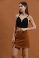 Jupe courte fendue et détaillée en gros - Marron | TOPSHOW | F1351