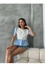 Blouse Topshow bleue à détails en dentelle (vente en gros)