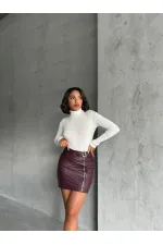 Fermuarlı Deri Toptan Etek - Bordo | TOPSHOW | F0125