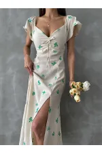 Topshow Emerald Pattern Ruffle Sleeve Tied Wholesale Dress