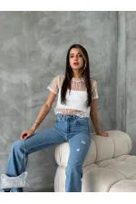 Topshow Krem Pullu Tül Toptan Tişört